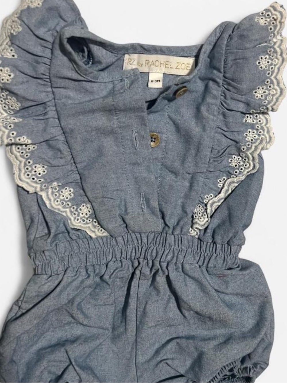 Rachel Zoe Chambray Romper with Lace Ruffle Baby Girk 6-9M